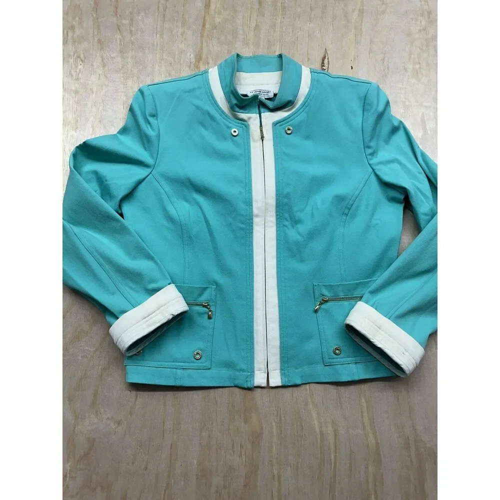 VTG St John Sport Marie Gray Turquoise Teal White Trim Zip Front Jacket Womens L